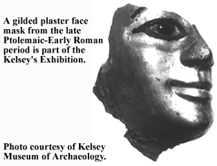 photo, A gilded plaster face mask from the late Ptolemaic-Early Roman period is part of the Kelsey's exhibition